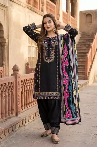 Black Color Embroidery Work Silk Blend Salwar Suit