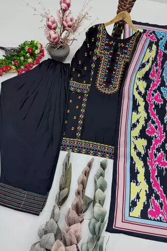 Black Color Embroidery Work Silk Blend Salwar Suit