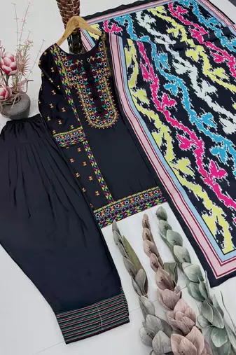 Black Color Embroidery Work Silk Blend Salwar Suit