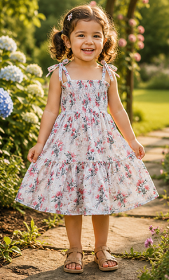 White cotton geometric printed dress for girl 1
