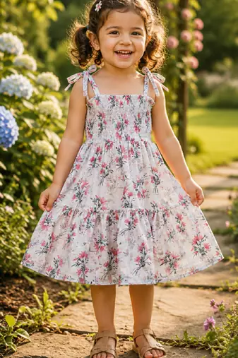 White cotton geometric printed dress for girl