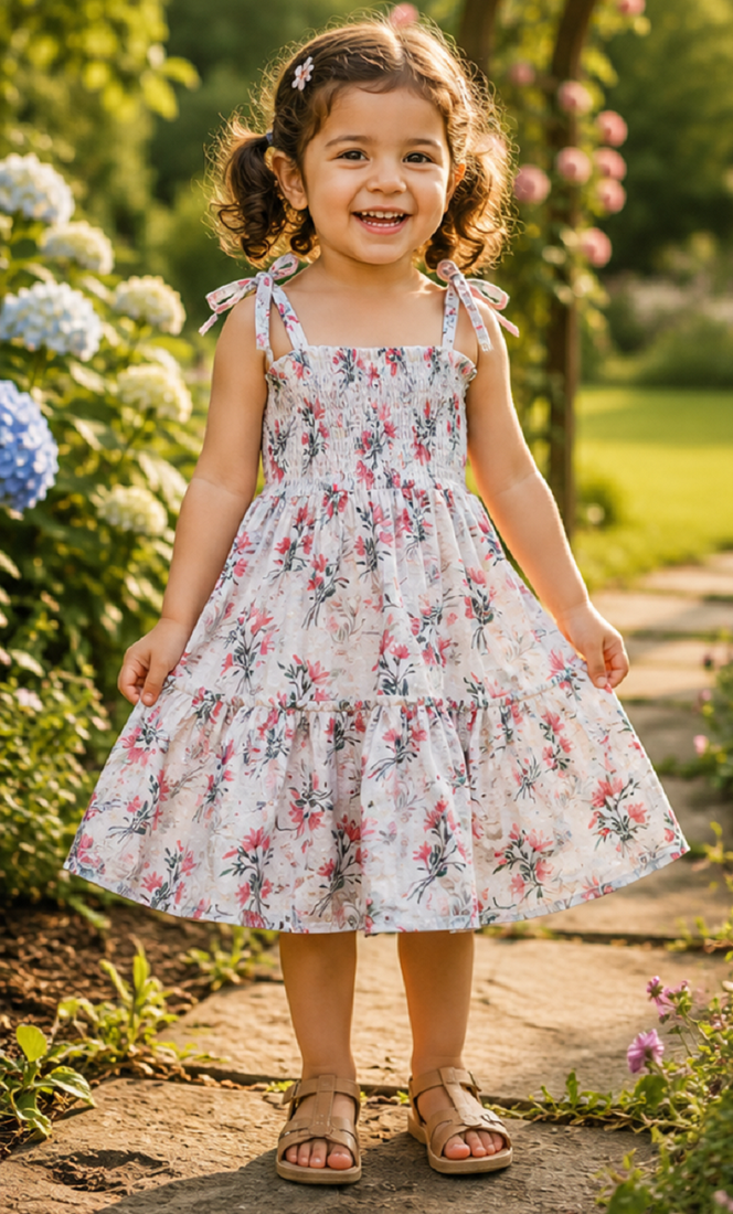 White cotton geometric printed dress for girl