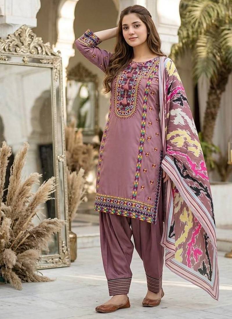 Onion Pink Color Embroidery Work Silk Blend Salwar Suit