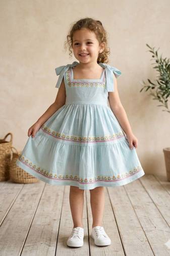 Blue cotton floral printed dress for girl