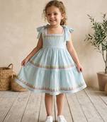Blue cotton floral printed dress for girl