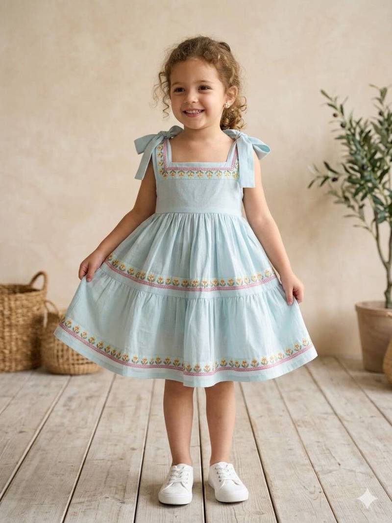 Blue cotton floral printed dress for girl