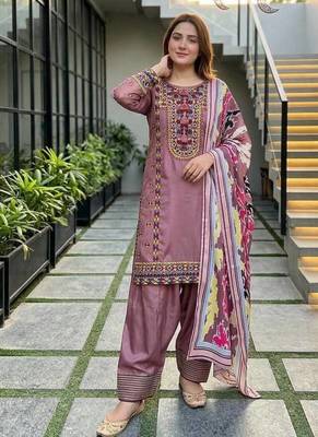 Onion Pink Color Embroidery Work Silk Blend Salwar Suit 2