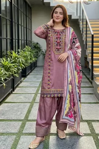 Onion Pink Color Embroidery Work Silk Blend Salwar Suit