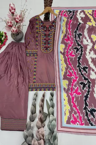 Onion Pink Color Embroidery Work Silk Blend Salwar Suit