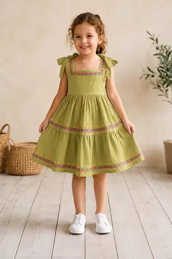Green cotton floral printed dress for girl