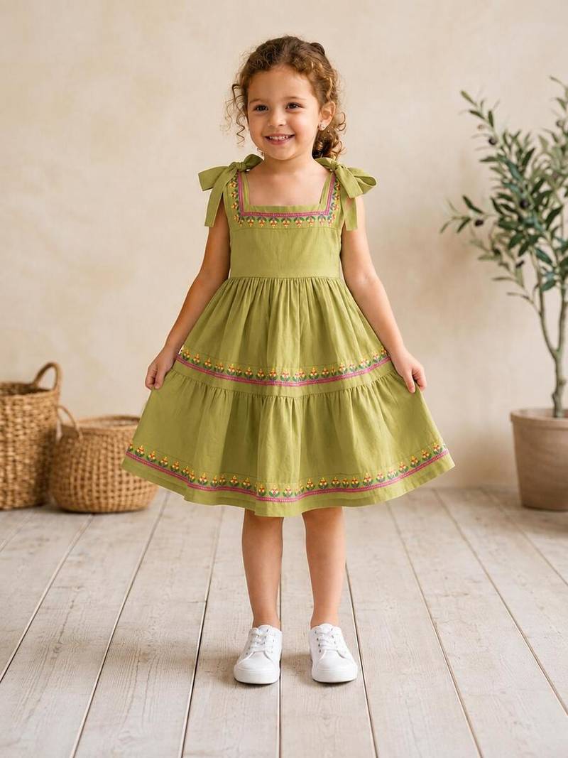 Green cotton floral printed dress for girl