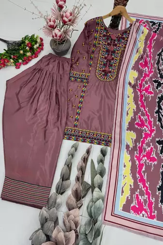 Onion Pink Color Embroidery Work Silk Blend Salwar Suit