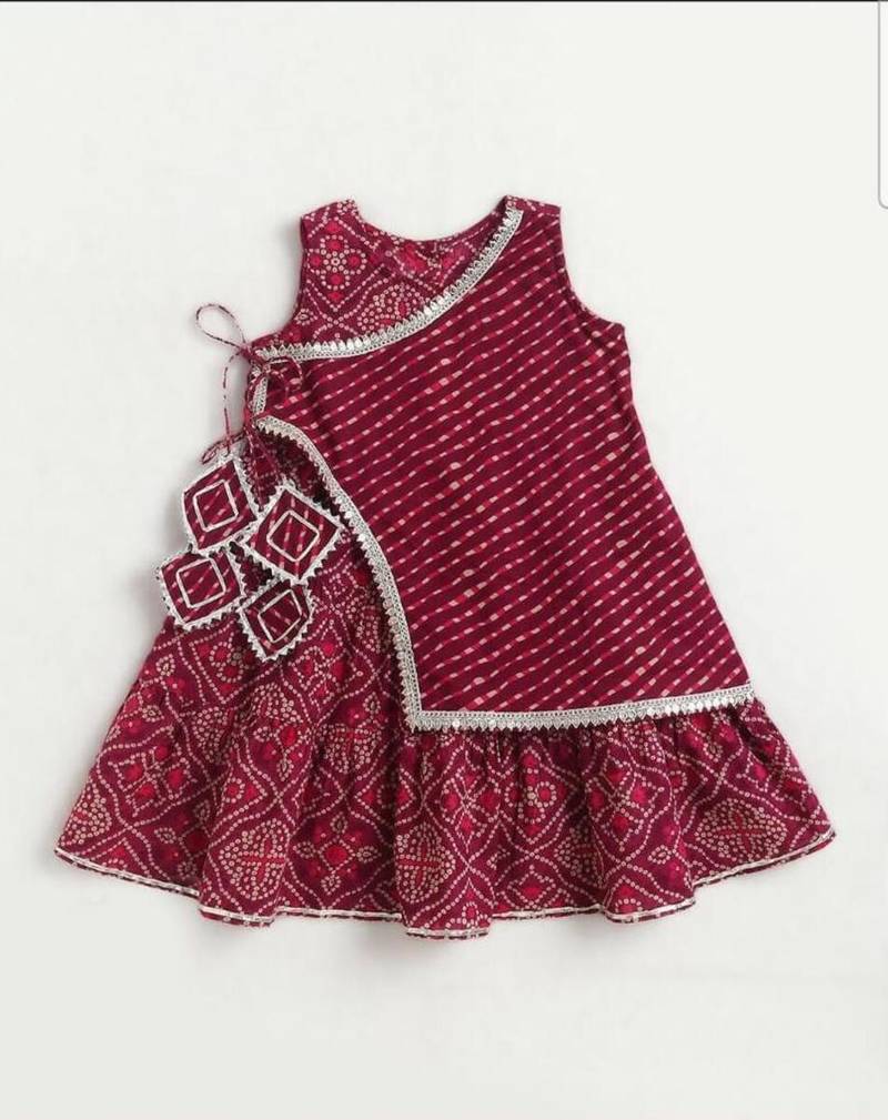 Maroon cotton bandhej dress for girl