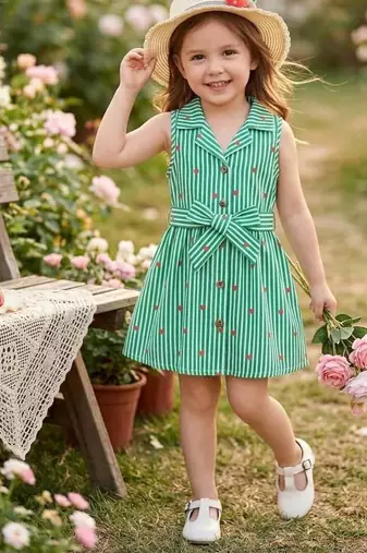 Green cotton stripes printed dress for girl