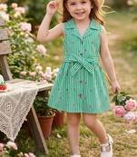 Green cotton stripes printed dress for girl