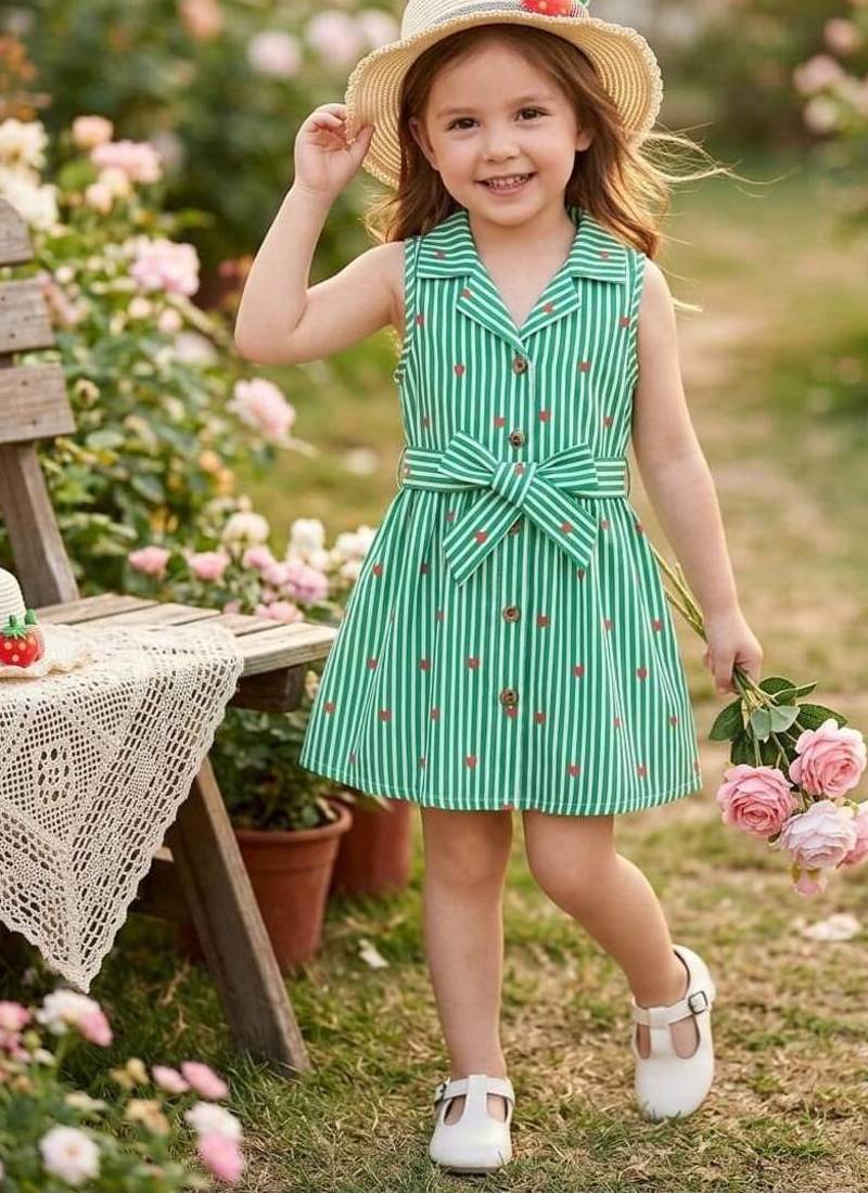 Green cotton stripes printed dress for girl