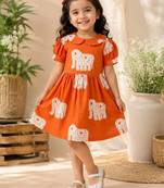 Orange cotton block printed dress for girl