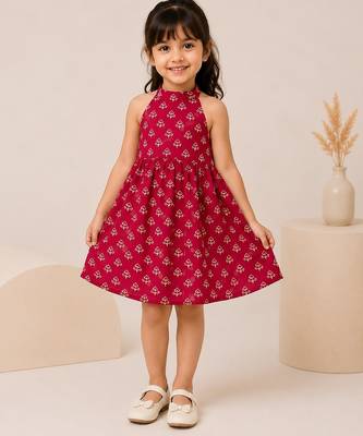 Red cotton floral printed dress for girl 1