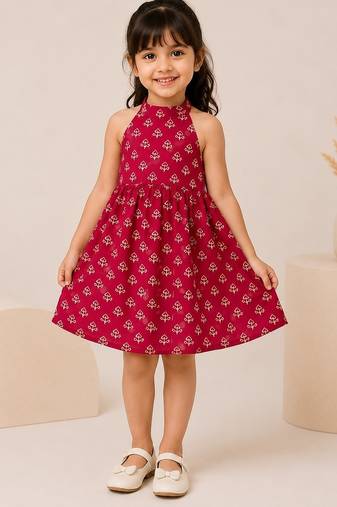 Red cotton floral printed dress for girl