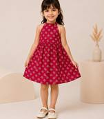Red cotton floral printed dress for girl