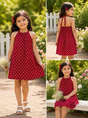 Red cotton floral printed dress for girl 2