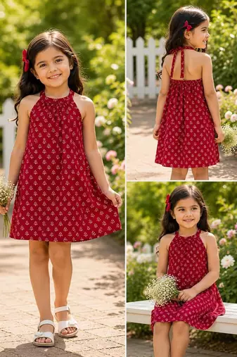 Red cotton floral printed dress for girl