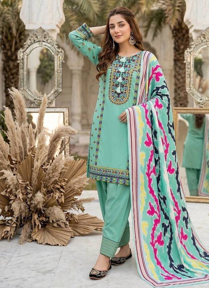 Teal Color Embroidery Work Silk Blend Salwar Suit