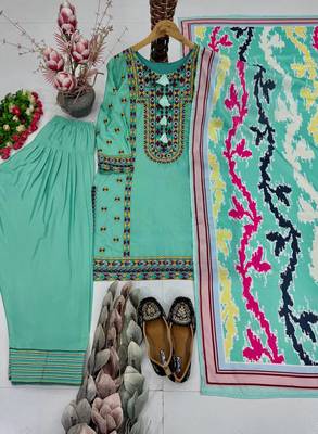Teal Color Embroidery Work Silk Blend Salwar Suit 3
