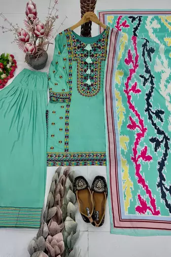 Teal Color Embroidery Work Silk Blend Salwar Suit