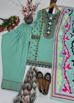 Teal Color Embroidery Work Silk Blend Salwar Suit 4