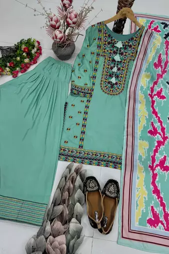 Teal Color Embroidery Work Silk Blend Salwar Suit