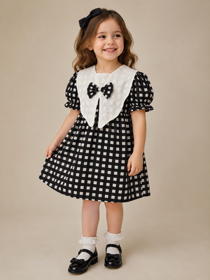 Black cotton geometric printed dress for girl 1