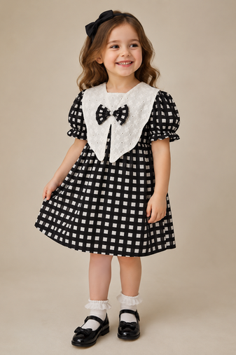 Black cotton geometric printed dress for girl