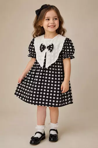 Black cotton geometric printed dress for girl