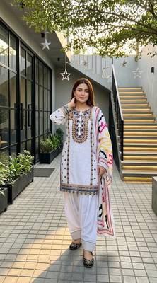 White Embroidery Work Silk Blend Salwar Suit 1