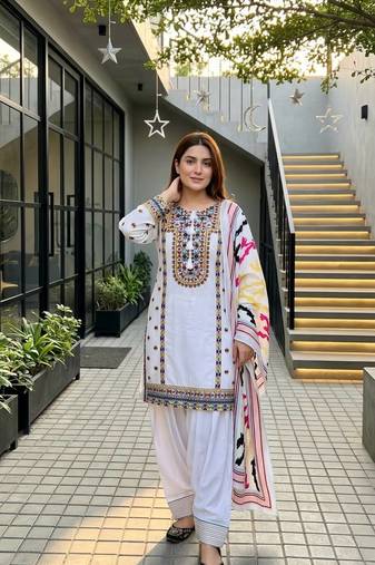 White Embroidery Work Silk Blend Salwar Suit