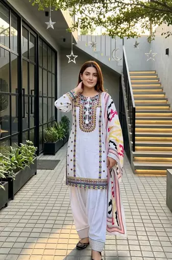 White Embroidery Work Silk Blend Salwar Suit