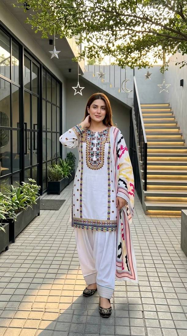 White Embroidery Work Silk Blend Salwar Suit