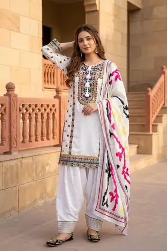 White Embroidery Work Silk Blend Salwar Suit
