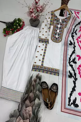 White Embroidery Work Silk Blend Salwar Suit