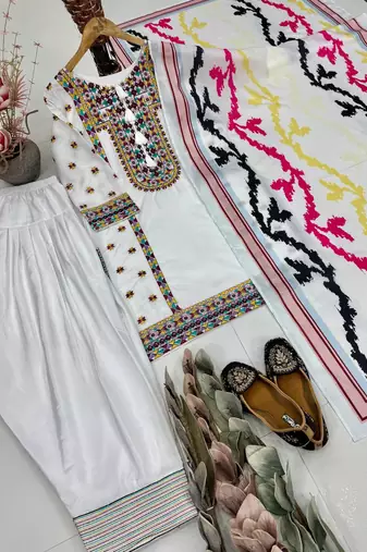 White Embroidery Work Silk Blend Salwar Suit