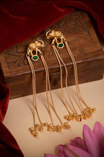 Kashmiri Gold Plated Elephant Long Chain Tassel Earrings for Women | Traditional Statement Dangler Earrings