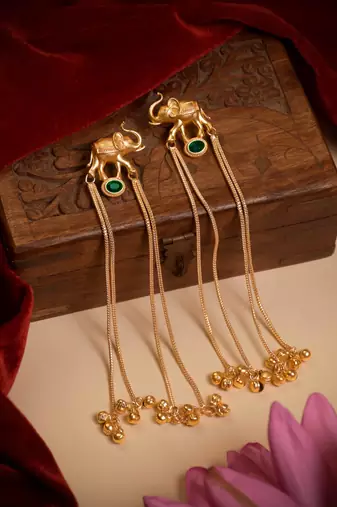 Kashmiri Gold Plated Elephant Long Chain Tassel Earrings for Women | Traditional Statement Dangler Earrings