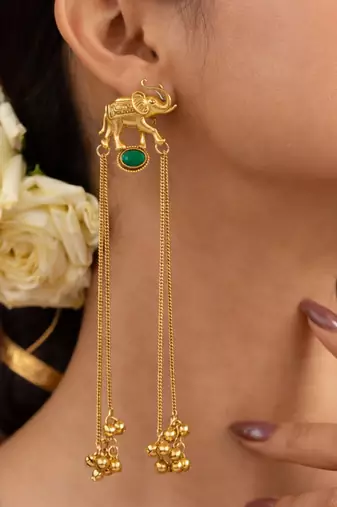 Kashmiri Gold Plated Elephant Long Chain Tassel Earrings for Women | Traditional Statement Dangler Earrings