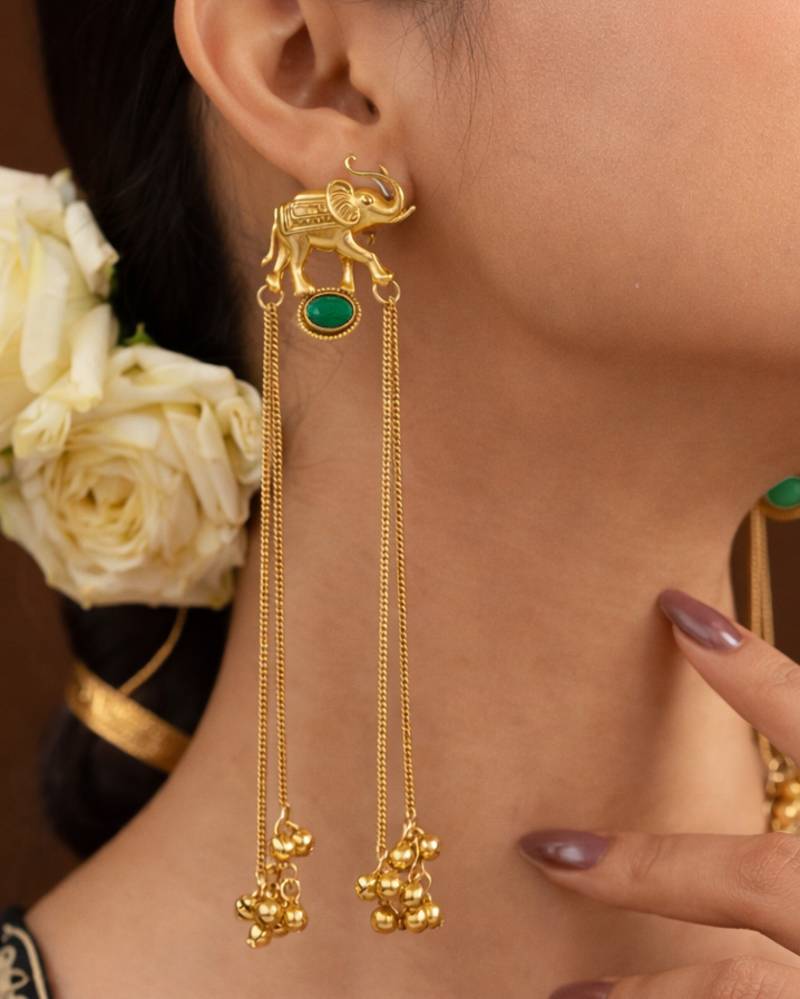 Kashmiri Gold Plated Elephant Long Chain Tassel Earrings for Women | Traditional Statement Dangler Earrings