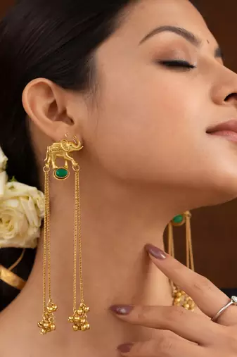 Kashmiri Gold Plated Elephant Long Chain Tassel Earrings for Women | Traditional Statement Dangler Earrings