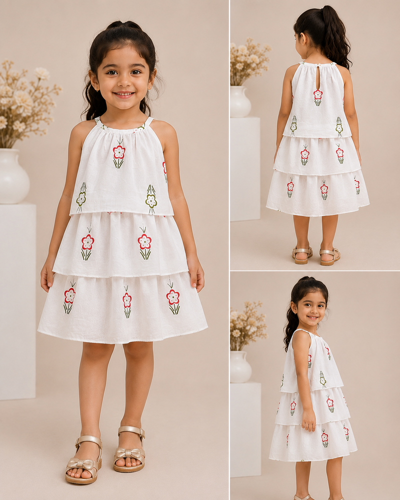 White cotton floral printed dress for girl