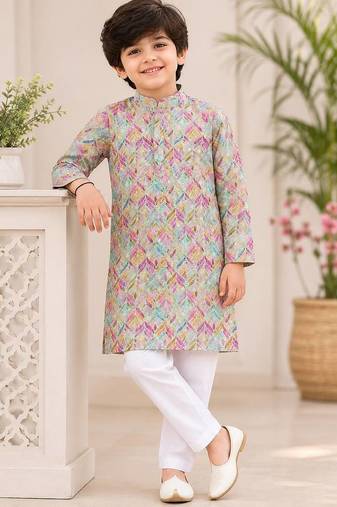 Multicolor cotton chikankari ethnic kurta set for boy
