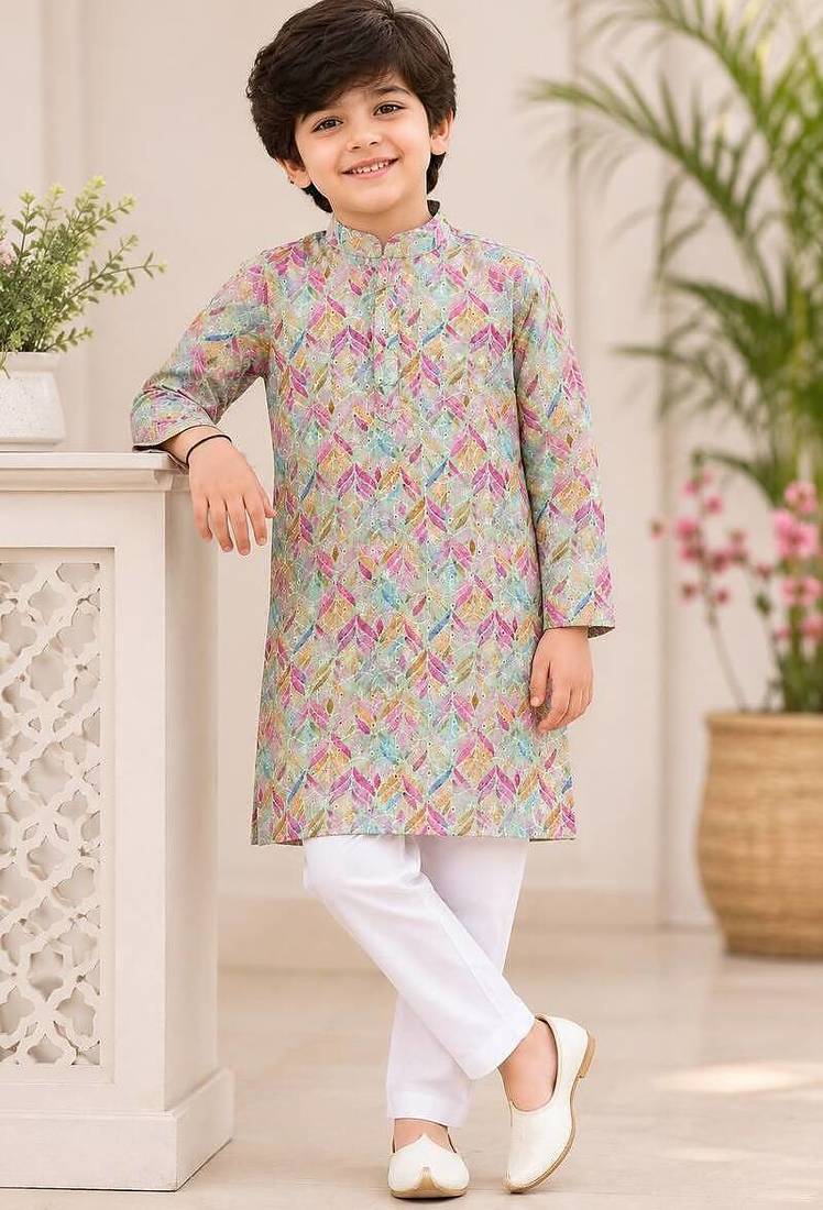 Multicolor cotton chikankari ethnic kurta set for boy