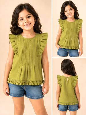 Green cotton plain top for girl 1